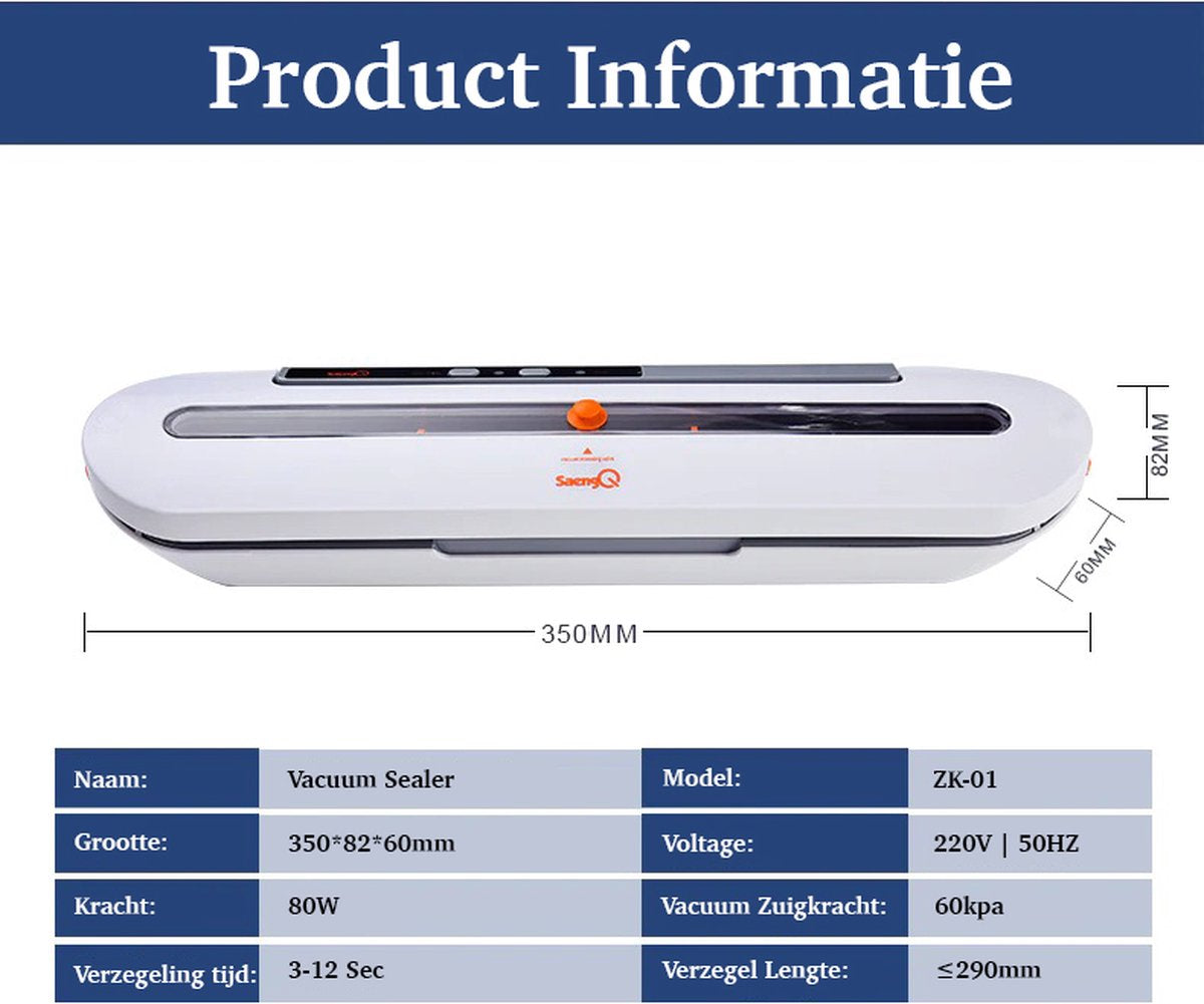 SaengQ - Vacuumsealer - Vacumeermachine - Met Slang Aansluiting - Inclusief 10 Zakken - Wit